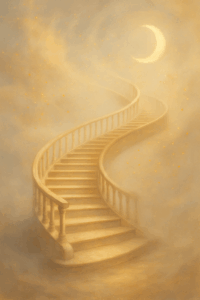 Spiralstiege im warmen goldenen Licht, die sich durch Nebel zum Mond hinaufwindet – symbolisiert den Weg der Seele durch Raum und Zeit.