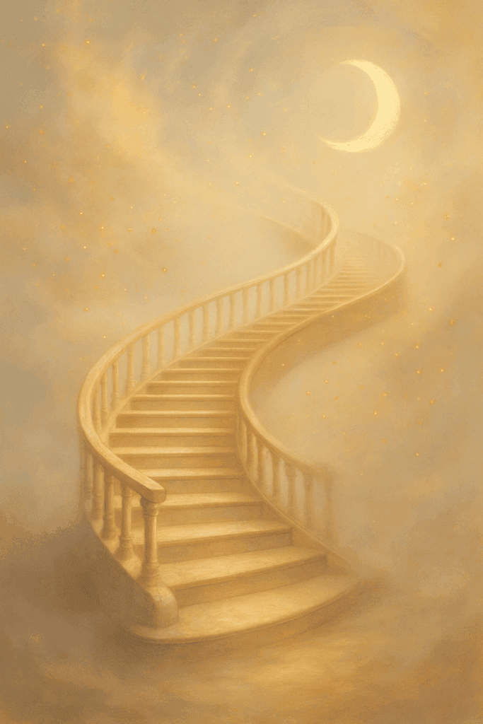 Spiralstiege im warmen goldenen Licht, die sich durch Nebel zum Mond hinaufwindet – symbolisiert den Weg der Seele durch Raum und Zeit.
